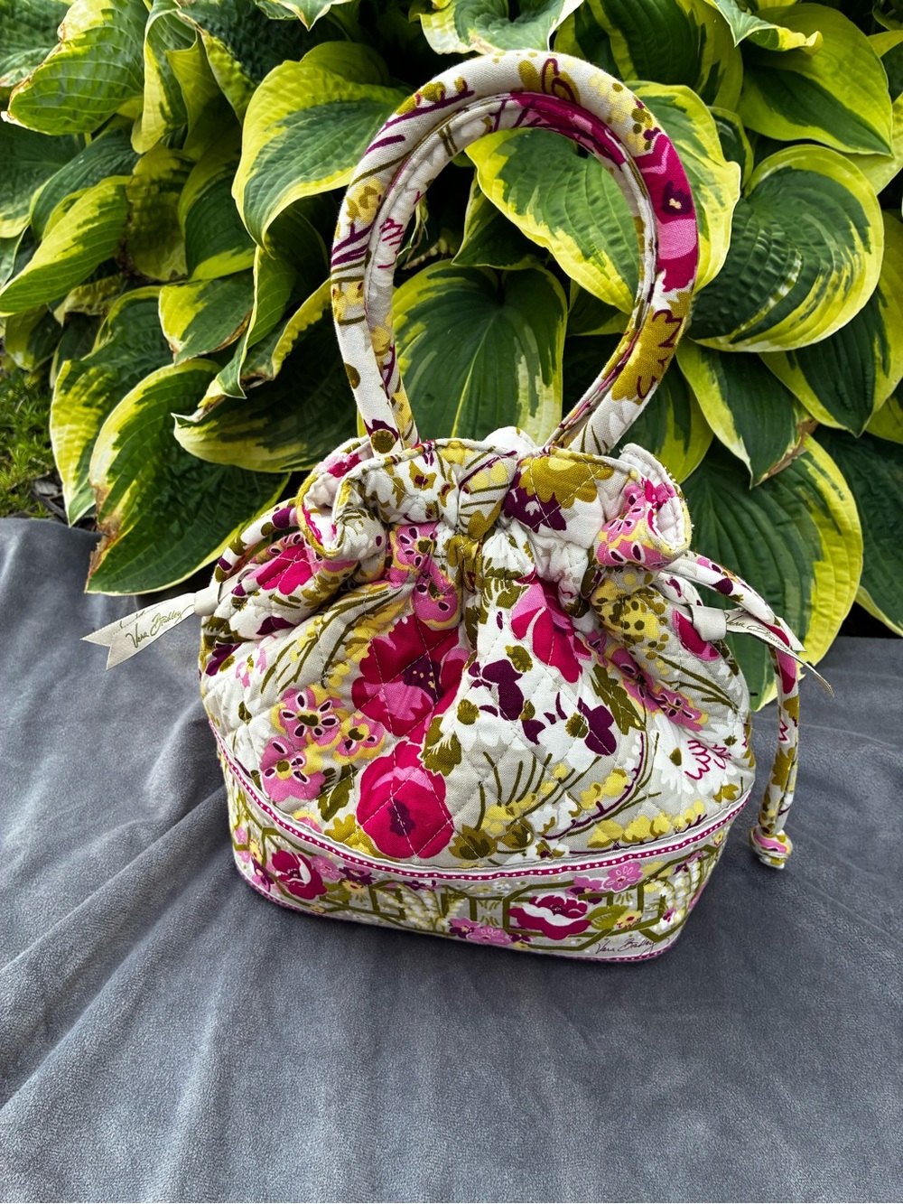 Vera Bradley Pink, Green & White Quilted Floral Drawstring Tote